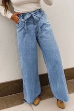 Hazel Blues® |  Beau Blue Western Washed Bow Knot Sash Wide Leg Jeans