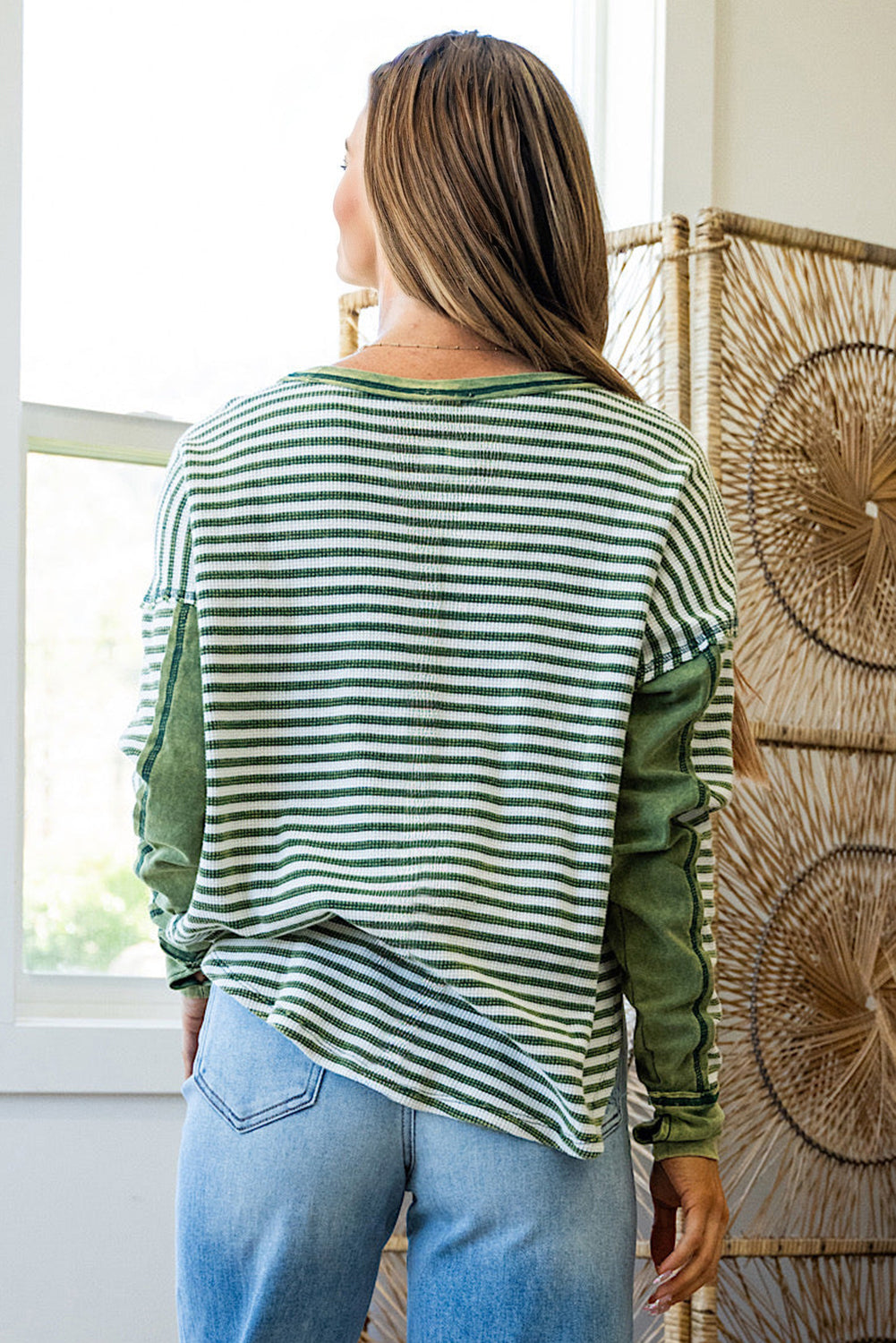 Green Stripe Thermal Knit Drop-Shoulder Casual Top