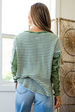 Hazel Blues® |  Green Stripe Thermal Knit Drop Shoulder Casual Top