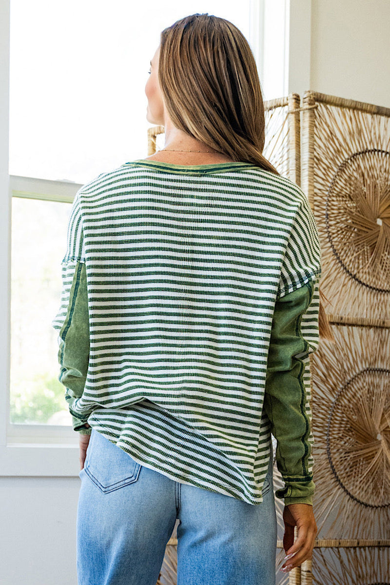 Hazel Blues® |  Green Stripe Thermal Knit Drop Shoulder Casual Top