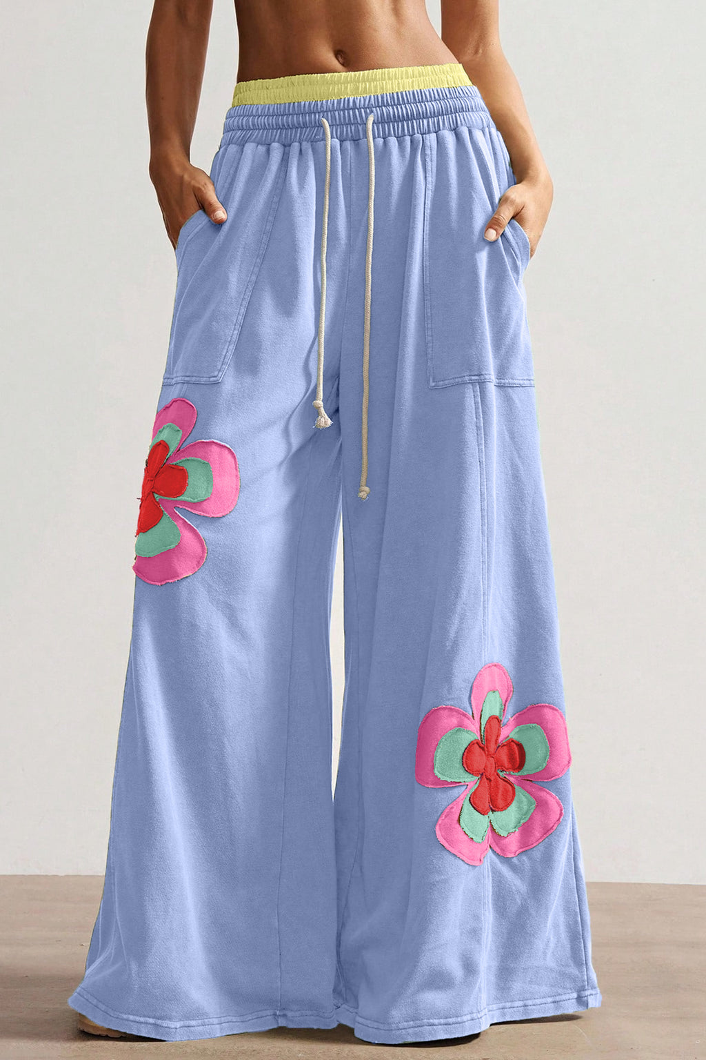 Sky Blue Color-Block Flower Patchwork Drawstring Contrasted Elastic-Waist Wide-Leg Pants