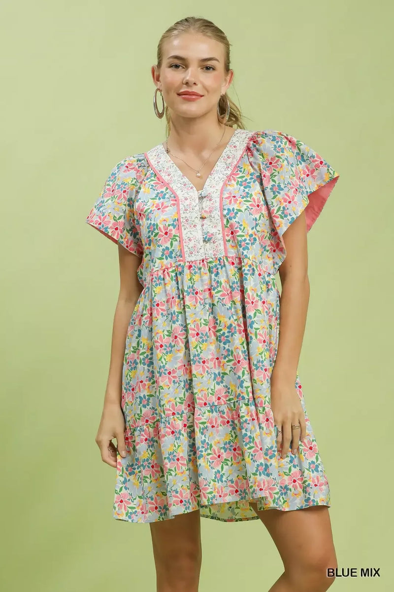 knee length dresses for ladies Serenity Floral Tiered Mini Dress - Cream main image 0
