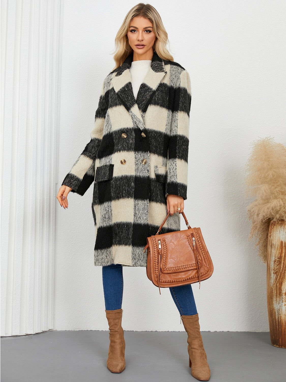 Hazel Blues® |  Plaid Double-Breasted Long Sleeve Coat