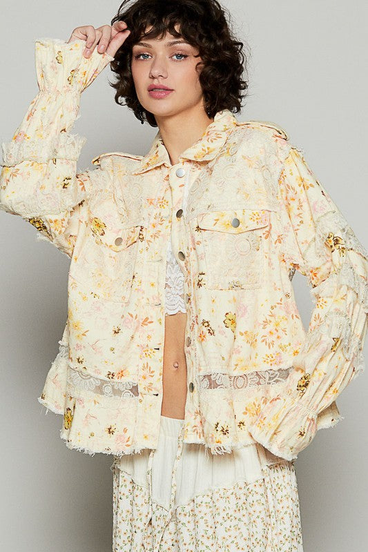 Hazel Blues® |  POL Raw Hem Lace Patch Flounce Sleeve Jacket