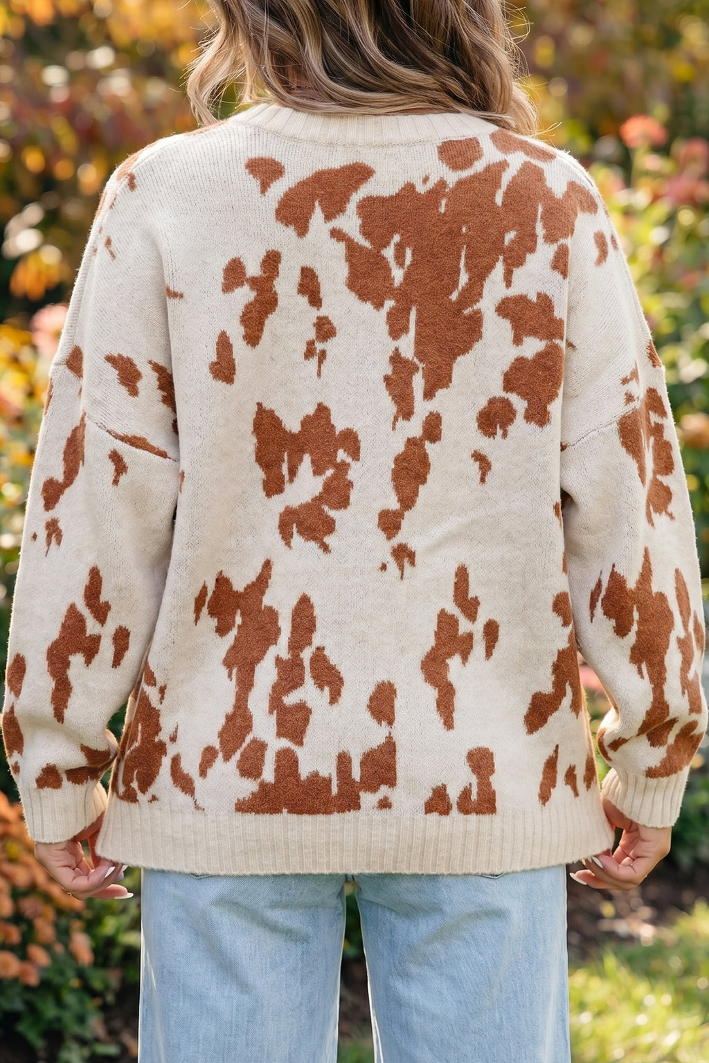 Khaki Abstract Print Drop-Shoulder Long-Sleeve Round-Neck Sweater