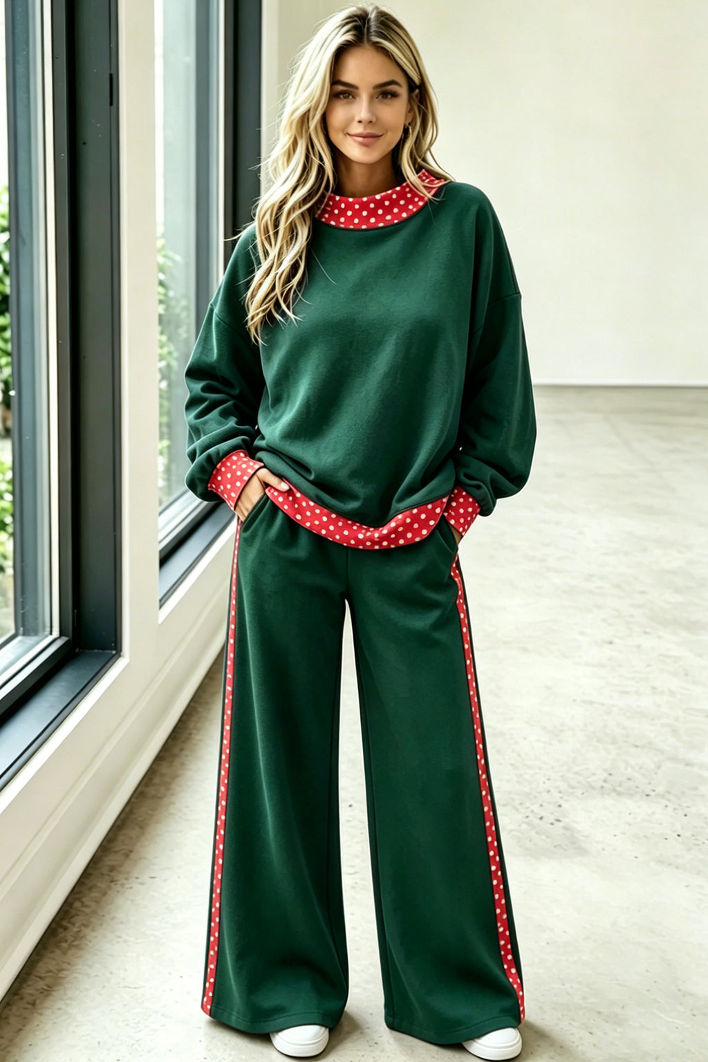Green Polka Dot-Trim Holiday Pants Set