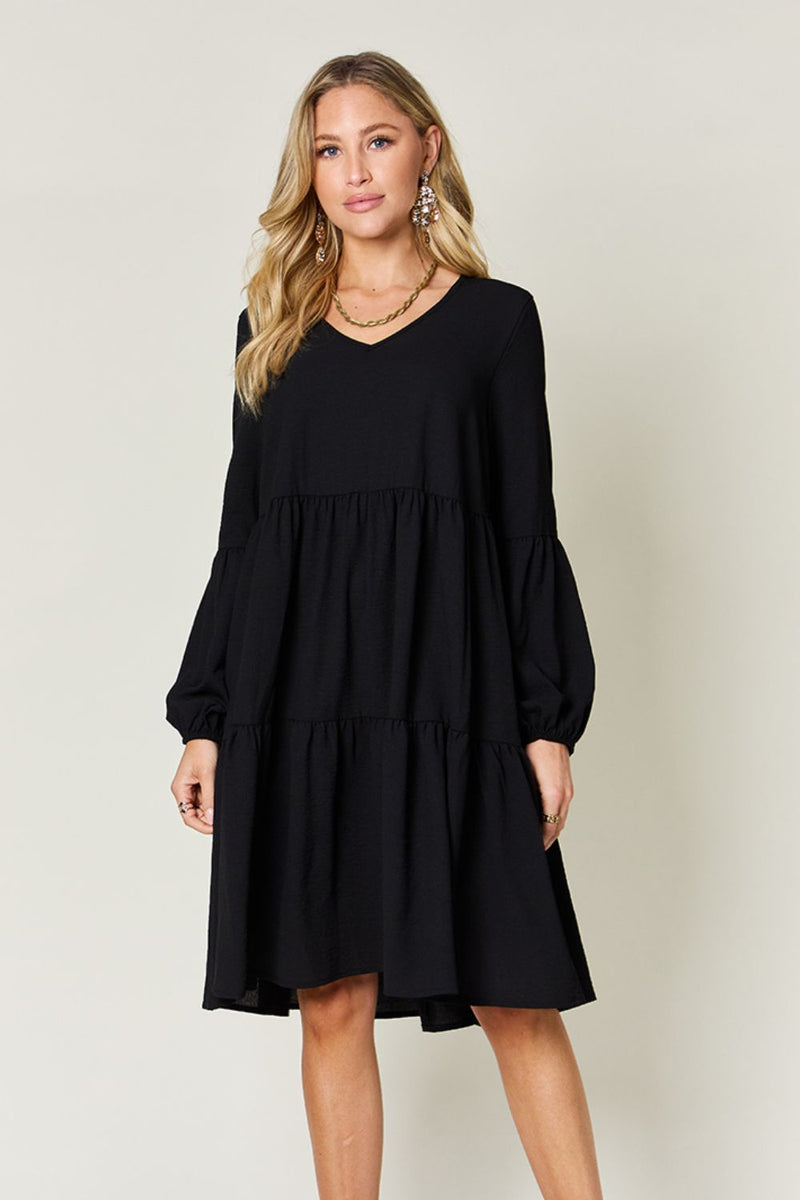 Hazel Blues® |  Double Take V-Neck Balloon Sleeve Tiered Dress with Pockets