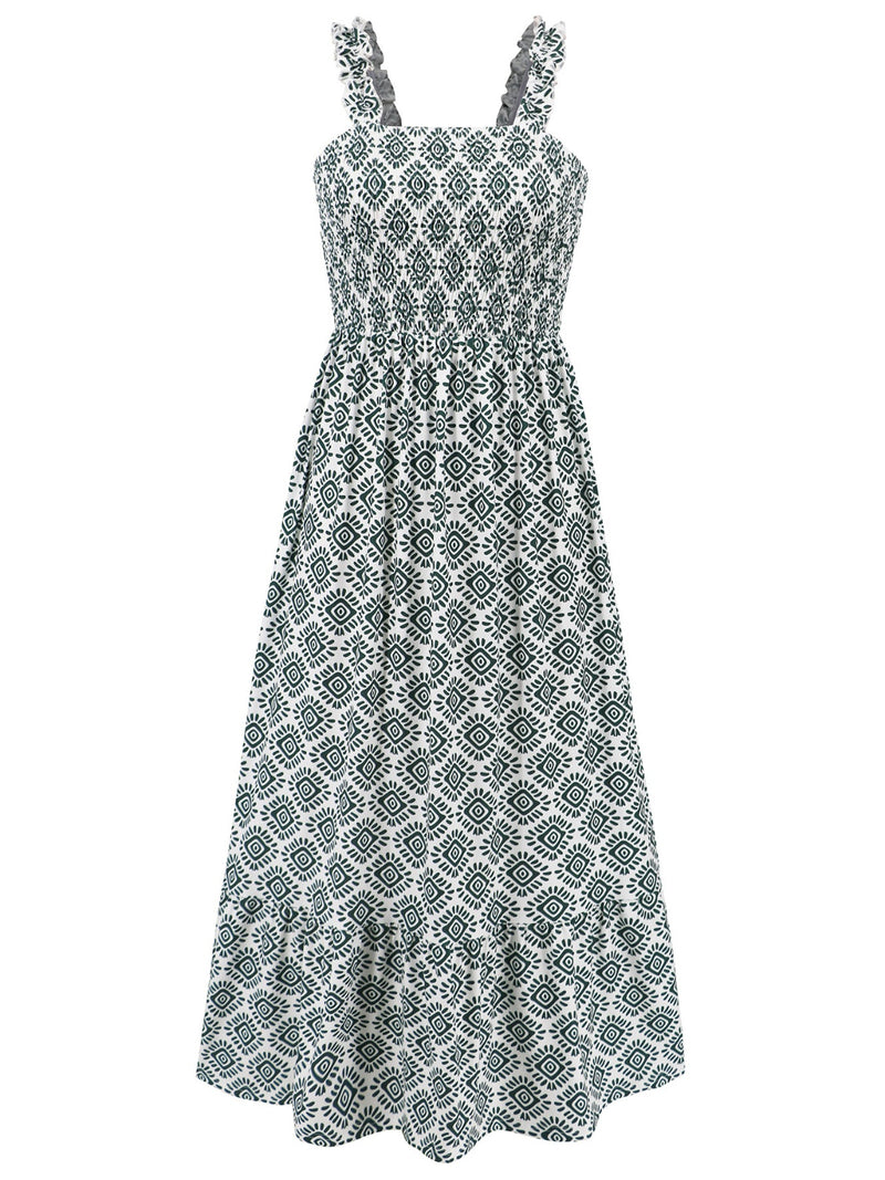 Hazel Blues® |  Smocked Printed Square Neck Sleeveless Dress
