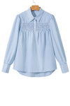 Hazel Blues® |  Sky Blue Stripe Shirred Detail Half Placket Collared Long Sleeve Fall Shirt