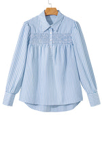 Hazel Blues® |  Sky Blue Stripe Shirred Detail Half Placket Collared Long Sleeve Fall Shirt