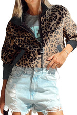 Hazel Blues® |  Khaki Leopard Print Zip Up Stand Neck Side Pocket Jacket