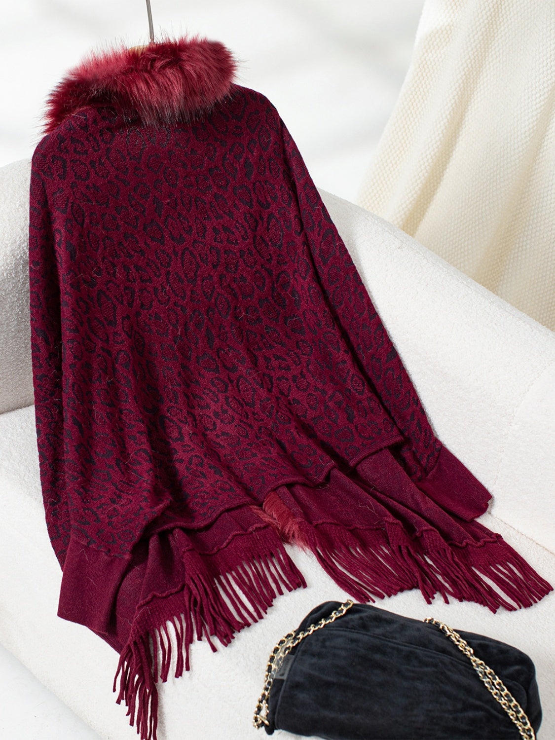 Hazel Blues® |  Fringe Leopard Open Front Long Sleeve Poncho