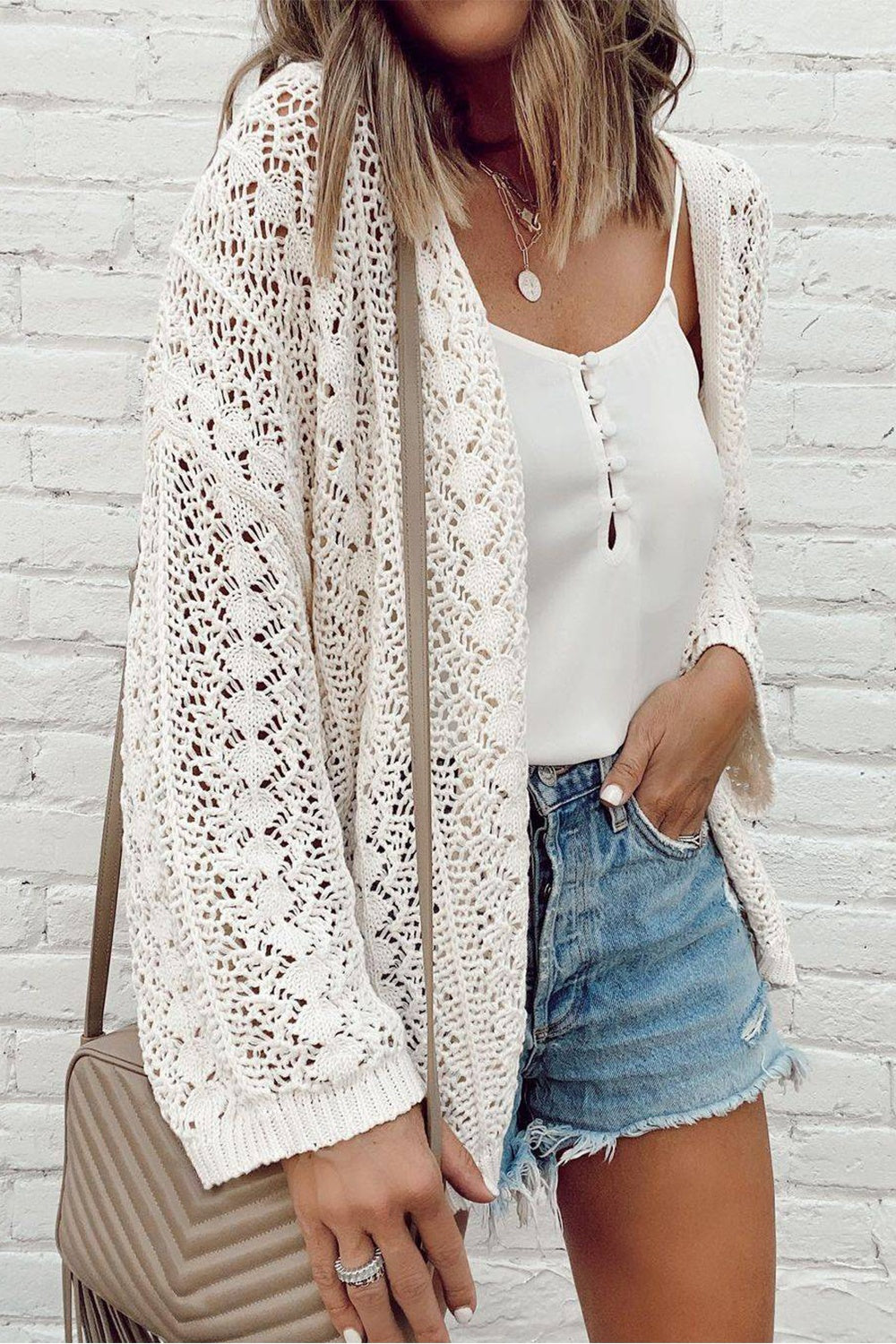 Hazel Blues® |  Openwork Open Front Dropped Shoulder Cardigan