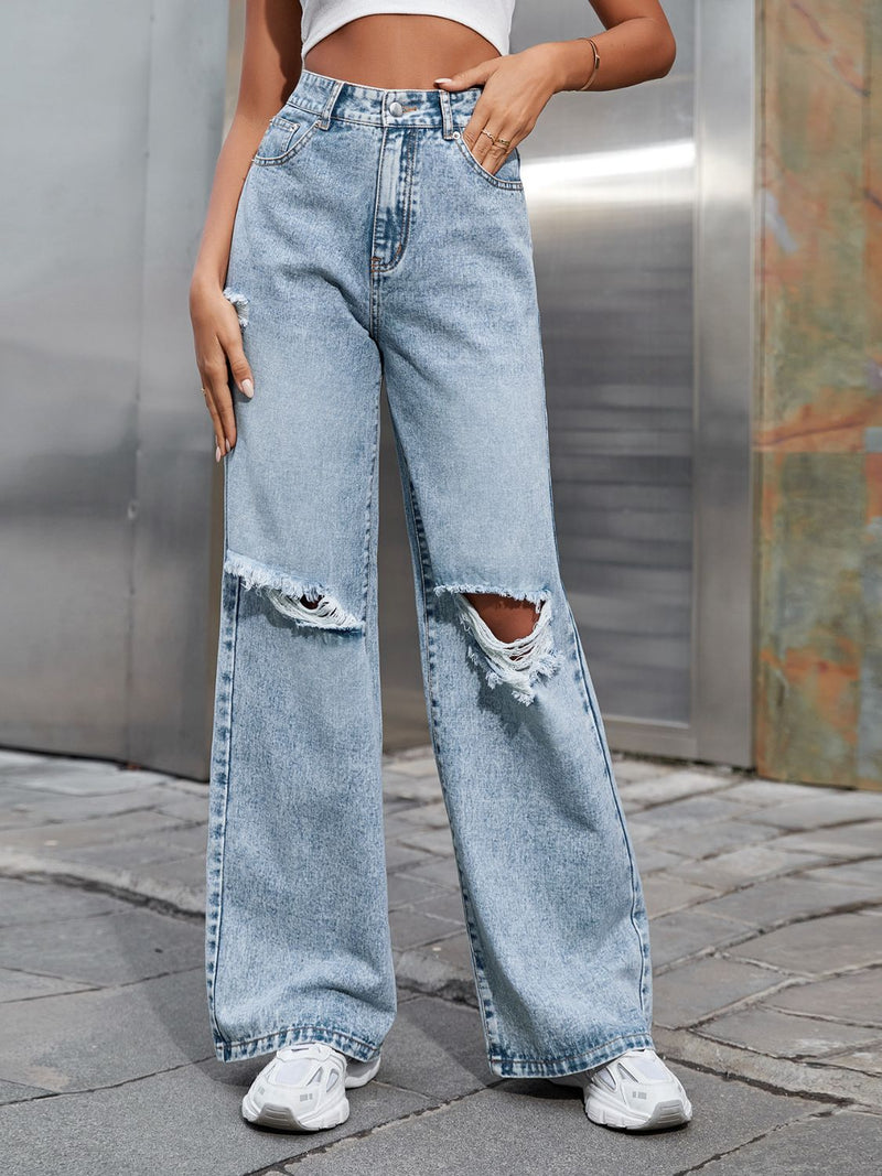 Hazel Blues® |  Distressed Wide Leg Jeans with Pockets