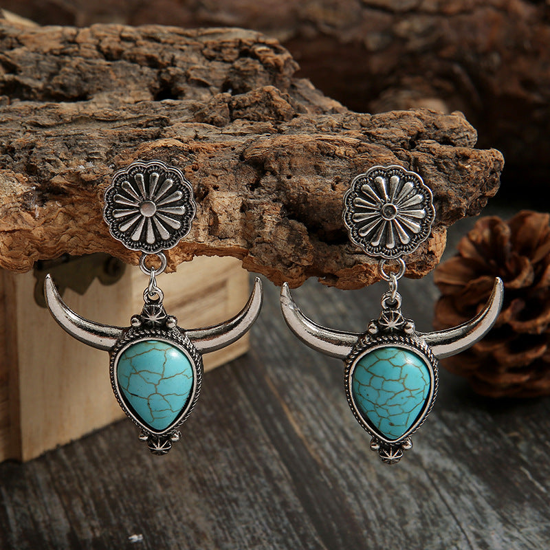 Hazel Blues® |  Artificial Turquoise Alloy Cow Head Earrings