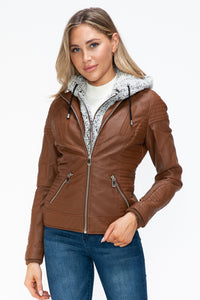 YMI Faux Layered Double-Zipper Jacket with Fuzzy Hood