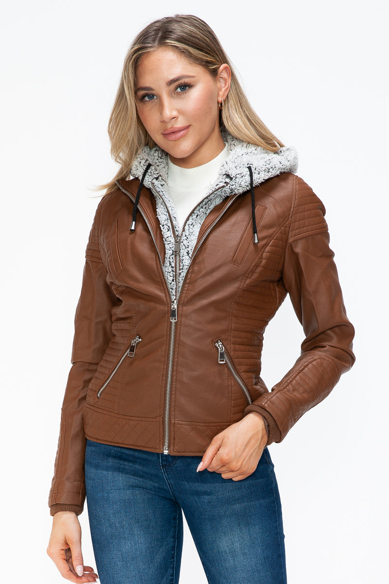 Hazel Blues® |  YMI Faux Layered Double-Zipper Jacket with Fuzzy Hood