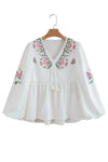 Hazel Blues® |  White Flower Lace-up V Neck Babydoll Blouse