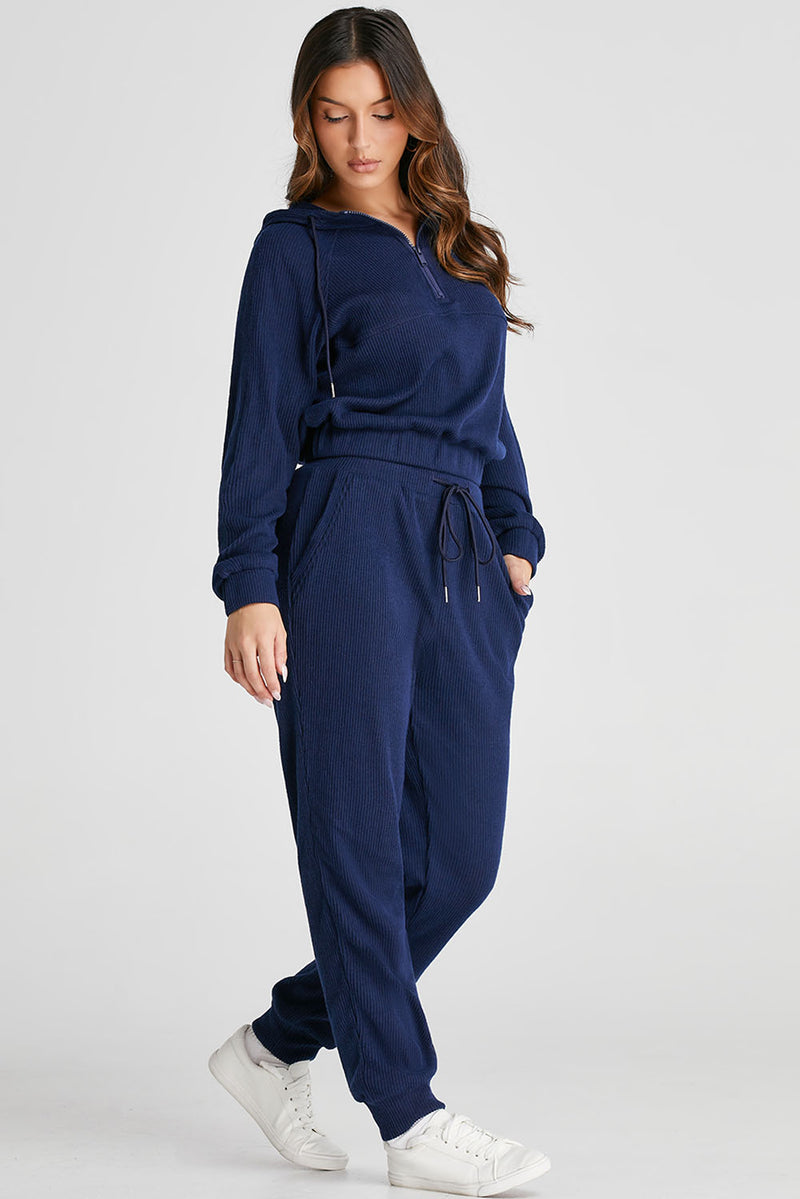 Hazel Blues® |  Navy Blue Ribbed Knit Cropped Hoodie and Drawstring Joggers Set