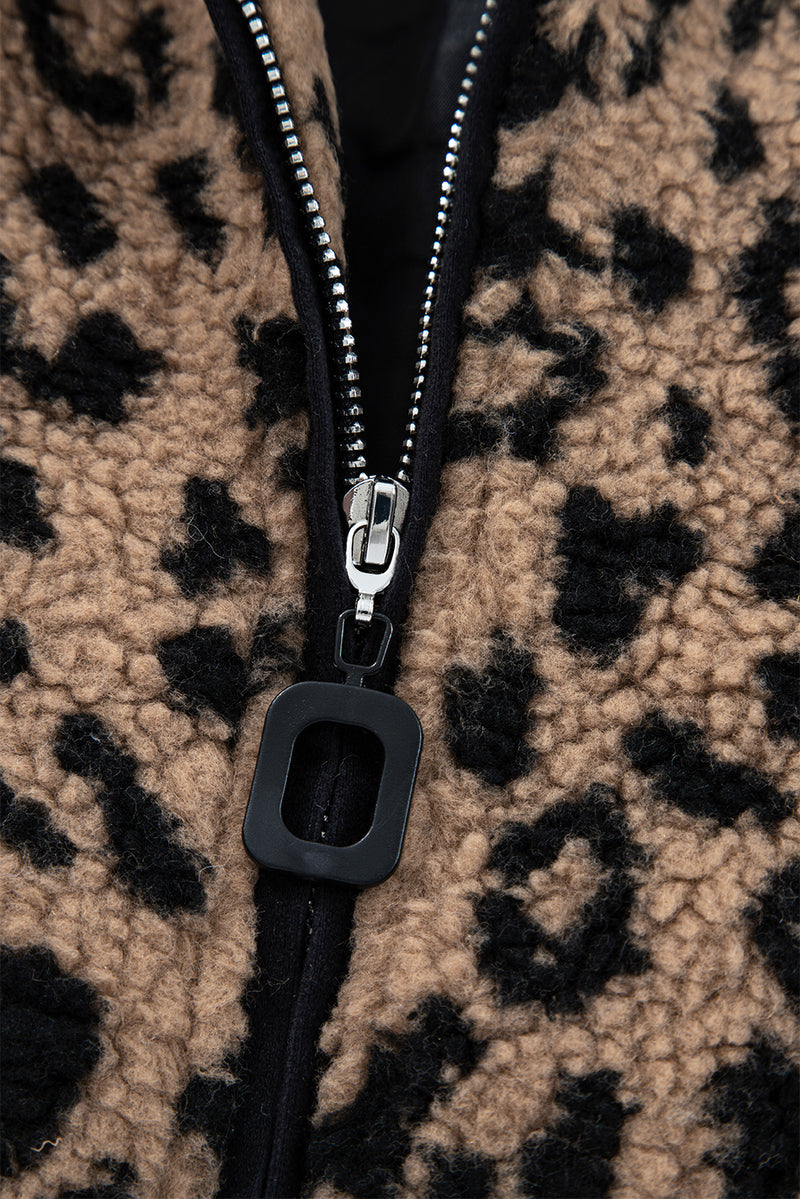 Hazel Blues® |  Khaki Leopard Print Zip Up Stand Neck Side Pocket Jacket