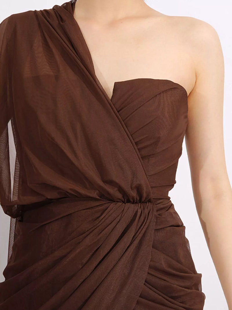Hazel Blues | One-Shoulder Flowy Mesh Dress Coffee Color / L
