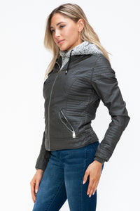 Hazel Blues® |  YMI Faux Layered Double-Zipper Jacket with Fuzzy Hood