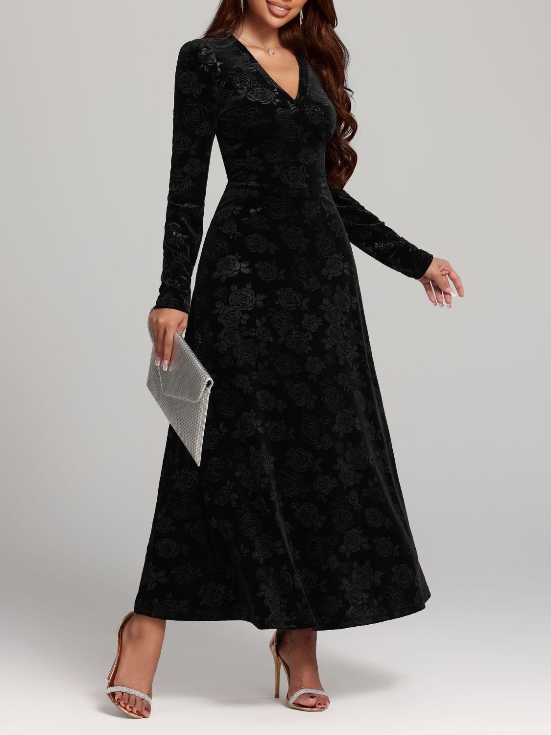 Hazel Blues® |  Rose Print V-Neck Long Sleeve Dress