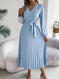 Hazel Blues® |  Pleated Tied V-Neck Long Sleeve Dress