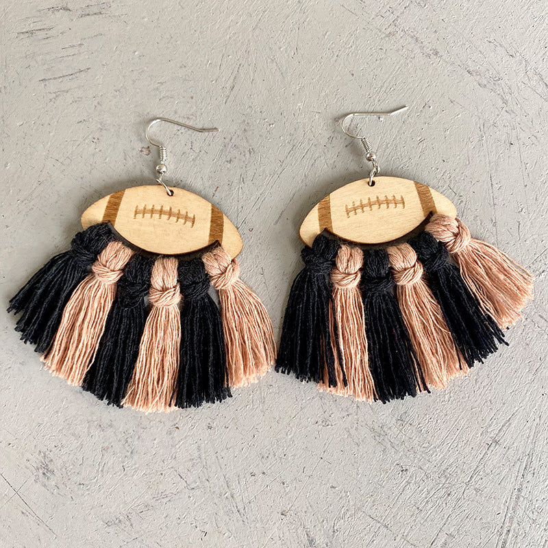 Hazel Blues® |  Fringe Detail Football Shape Wooden Dangle Earrings