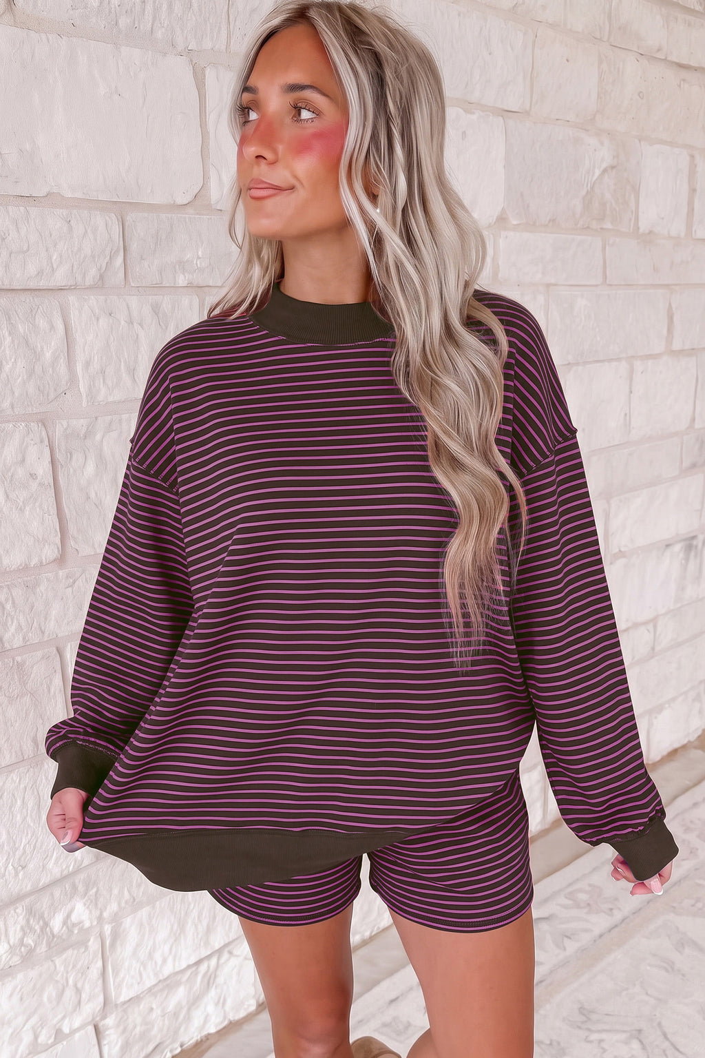 Sadie Jean Brown Ribbed Patchwork Mock Neck Baggy Pullover Matching Shorts Set