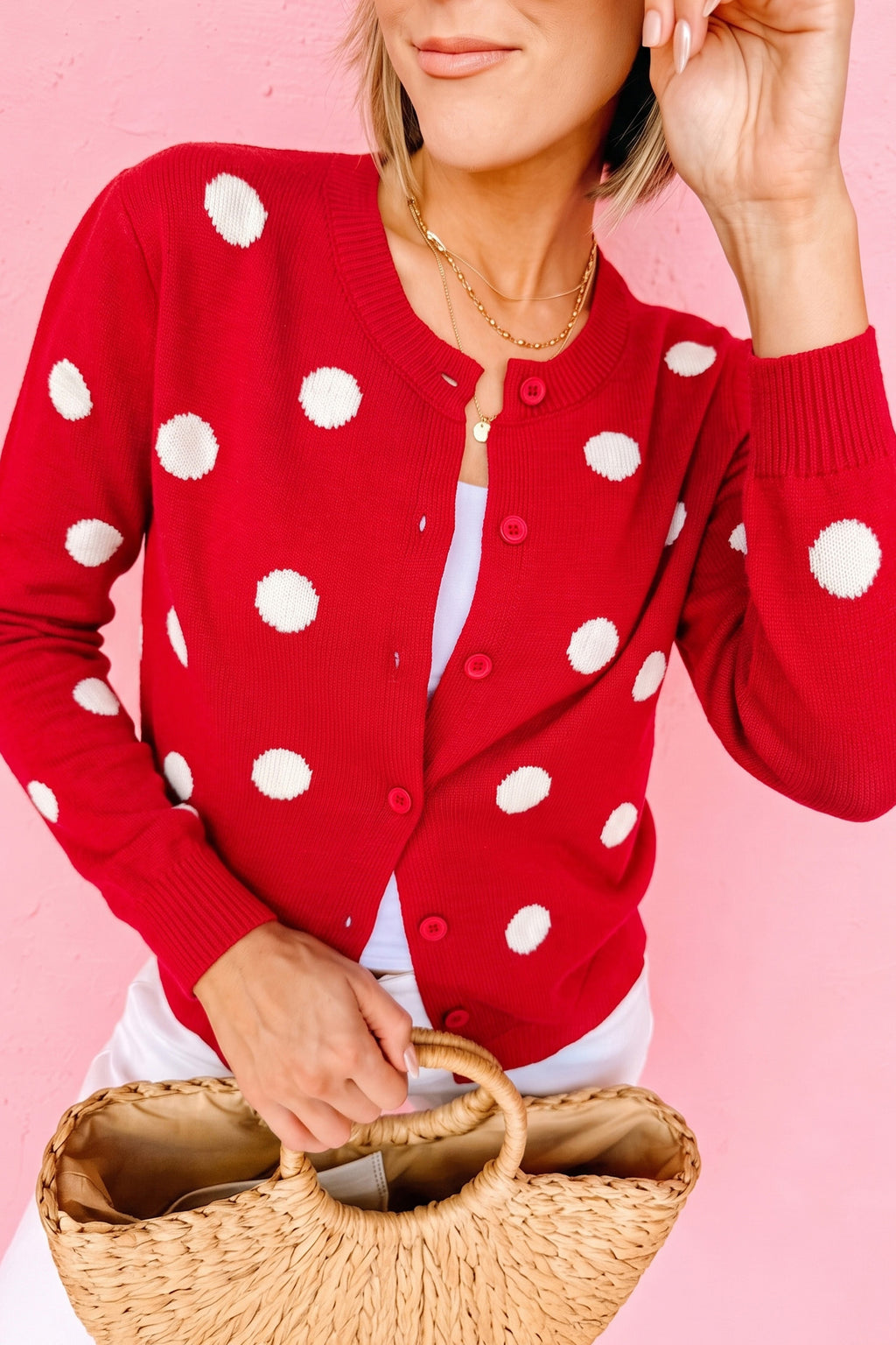 Fiery Red Casual Polka-Dot Button-Front Long-Sleeve Sweater Cardigan