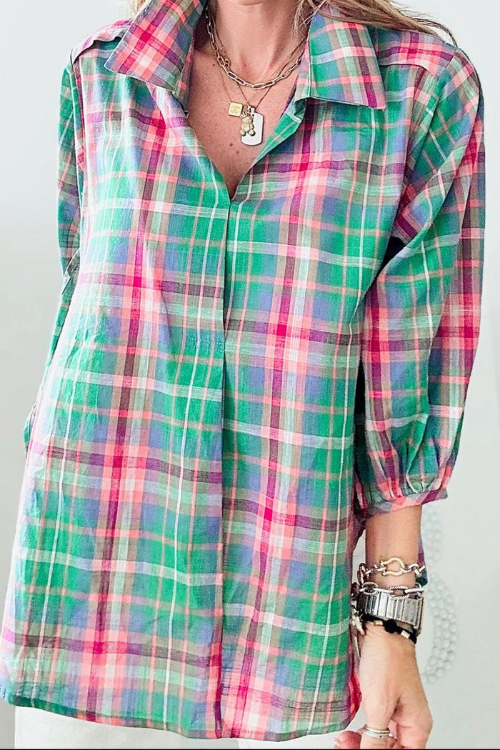 Hazel Blues® |  Plaid Collared Neck Three-Quarter Sleeve Blouse