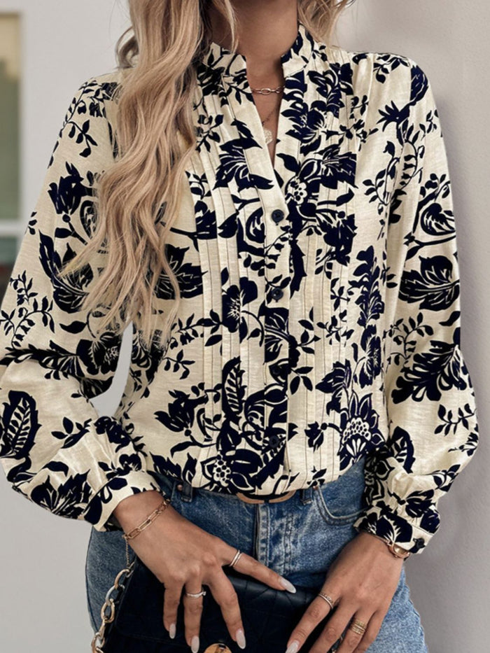 Hazel Blues® |  Perfee Printed Notched Long Sleeve Shirt