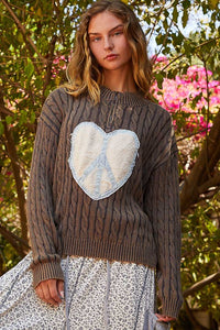 Hazel Blues® |  POL Cable-Knit Peace Patch Dropped Shoulder Sweater