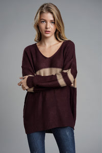 Hazel Blues® |  Slit Contrast V-Neck Long Sleeve Sweater