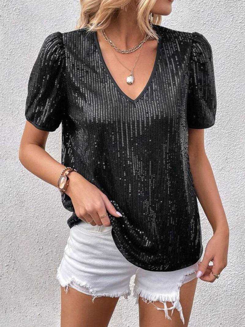 Hazel Blues® |  Sequin Round Neck Short Sleeve Top