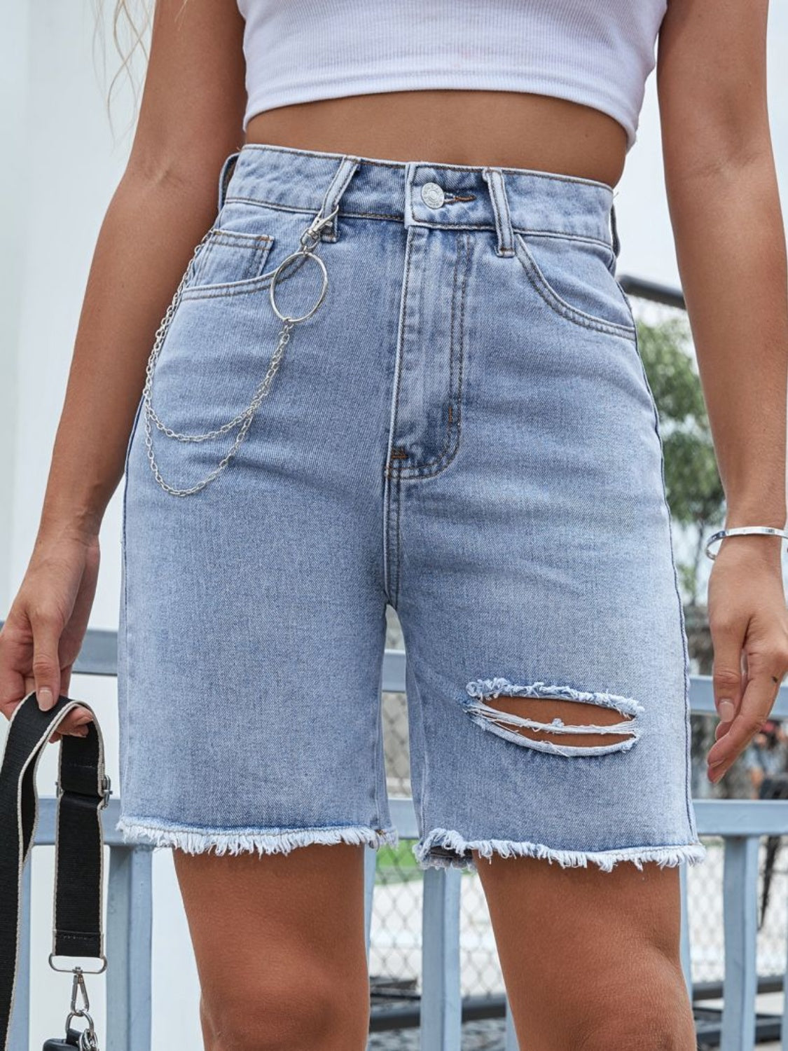 Hazel Blues® |  Distressed Raw Hem Denim Shorts