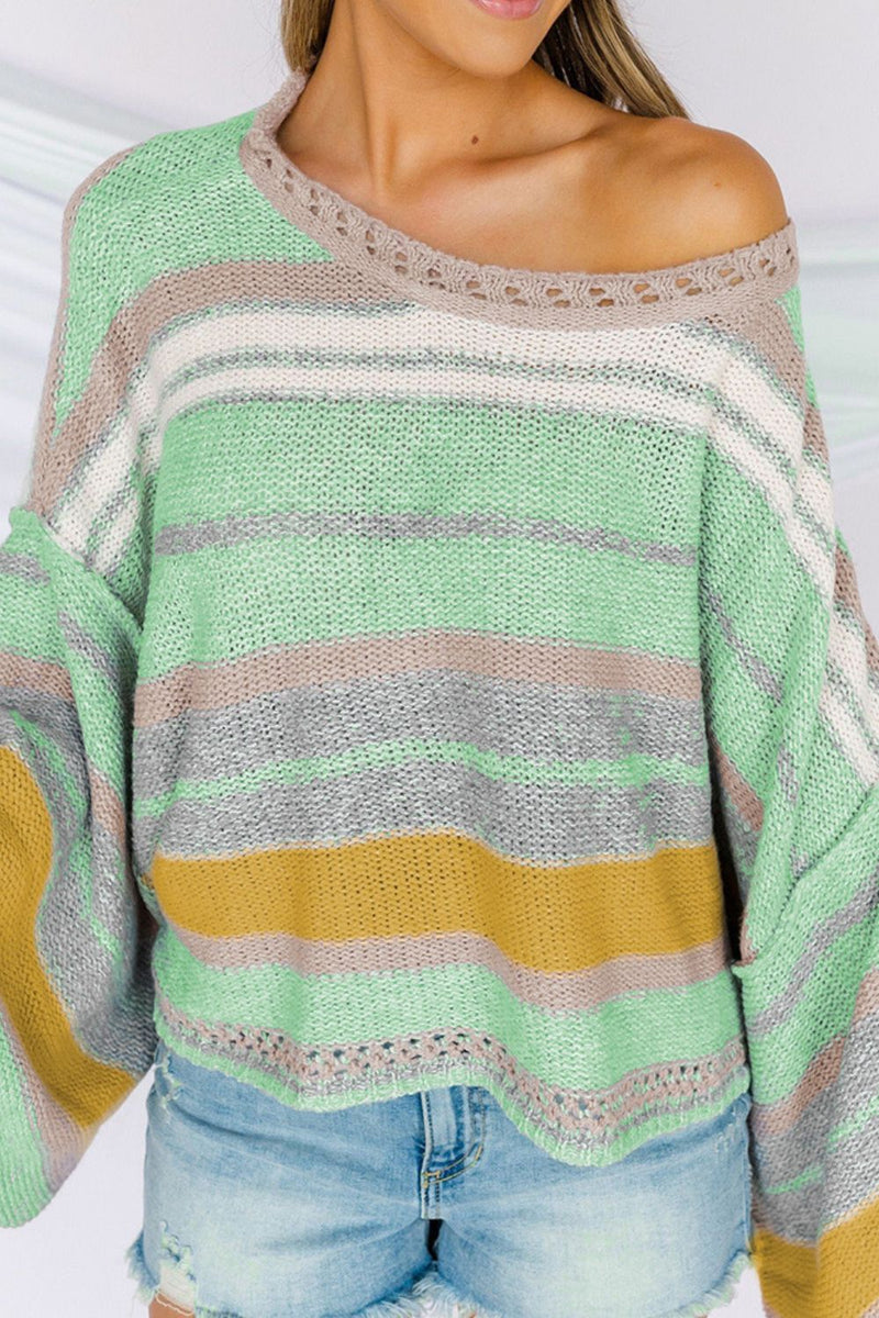 Hazel Blues® |  Contrast Striped Boat Neck Dropped Shoulder Sweater