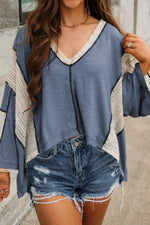 Hazel Blues® |  Lace Detail Contrast V-Neck Long Sleeve Blouse