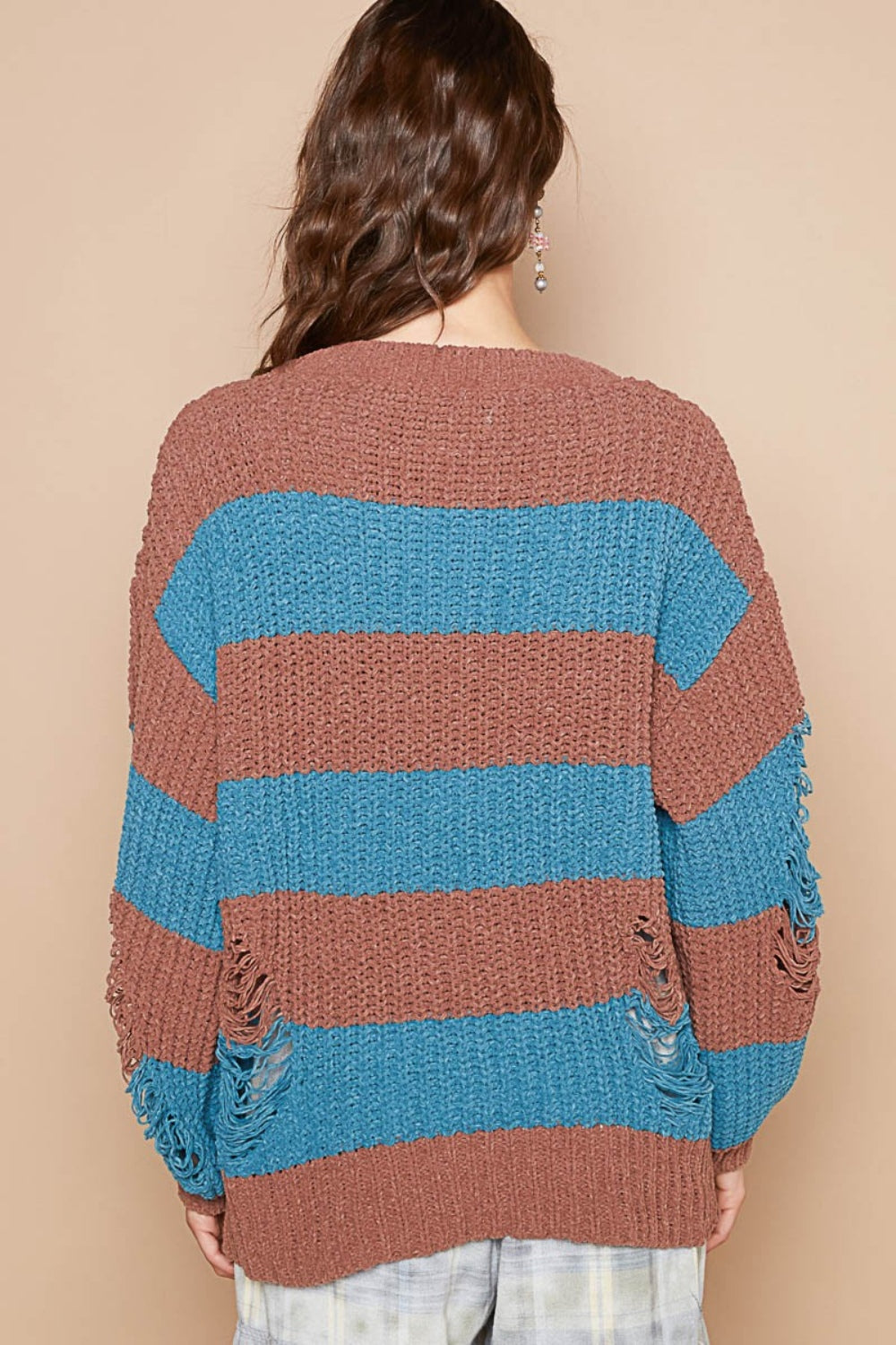 Hazel Blues® |  POL Striped Distressed Long Sleeve Sweater