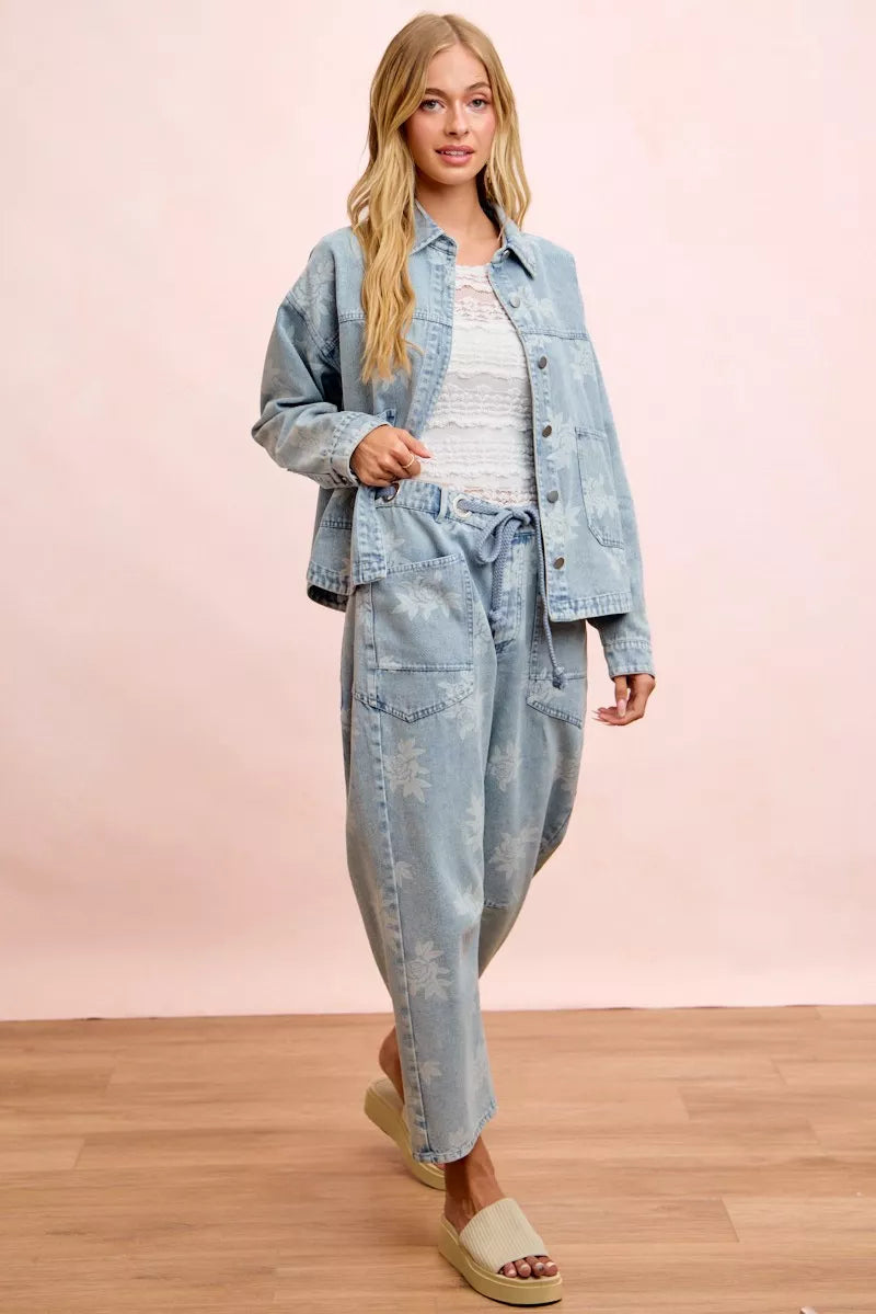 Hazel Blues® | BiBi Printed Washed Denim Jacket With Pocket