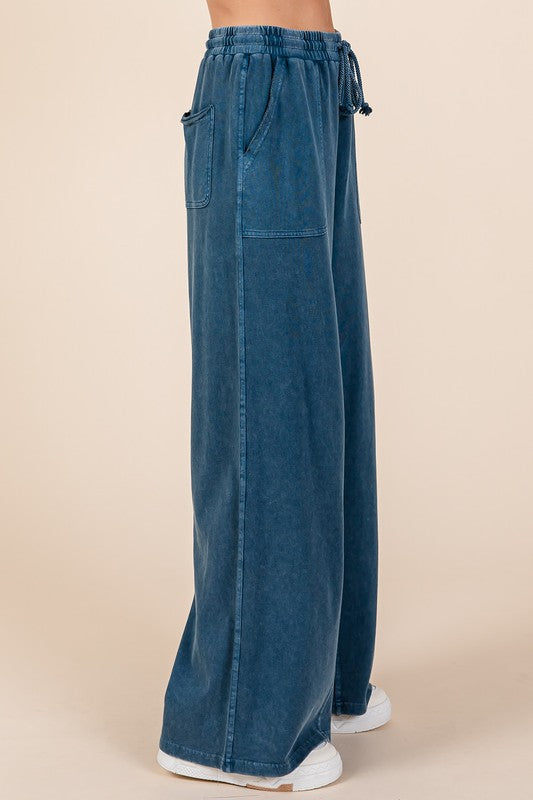 Hazel Blues® |  Mittoshop Mineral Wash French Terry Drawstring Wide Leg Pants