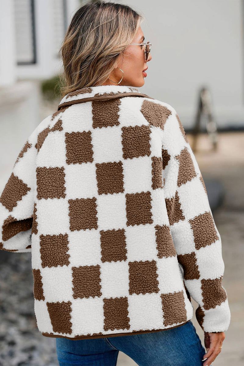 Hazel Blues® |  Checkered Snap Down Long Sleeve Teddy Jacket