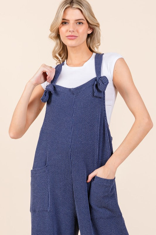 Hazel Blues® |  BOMBOM Knot Straps Wide Leg Ribbed Overalls with Pockets