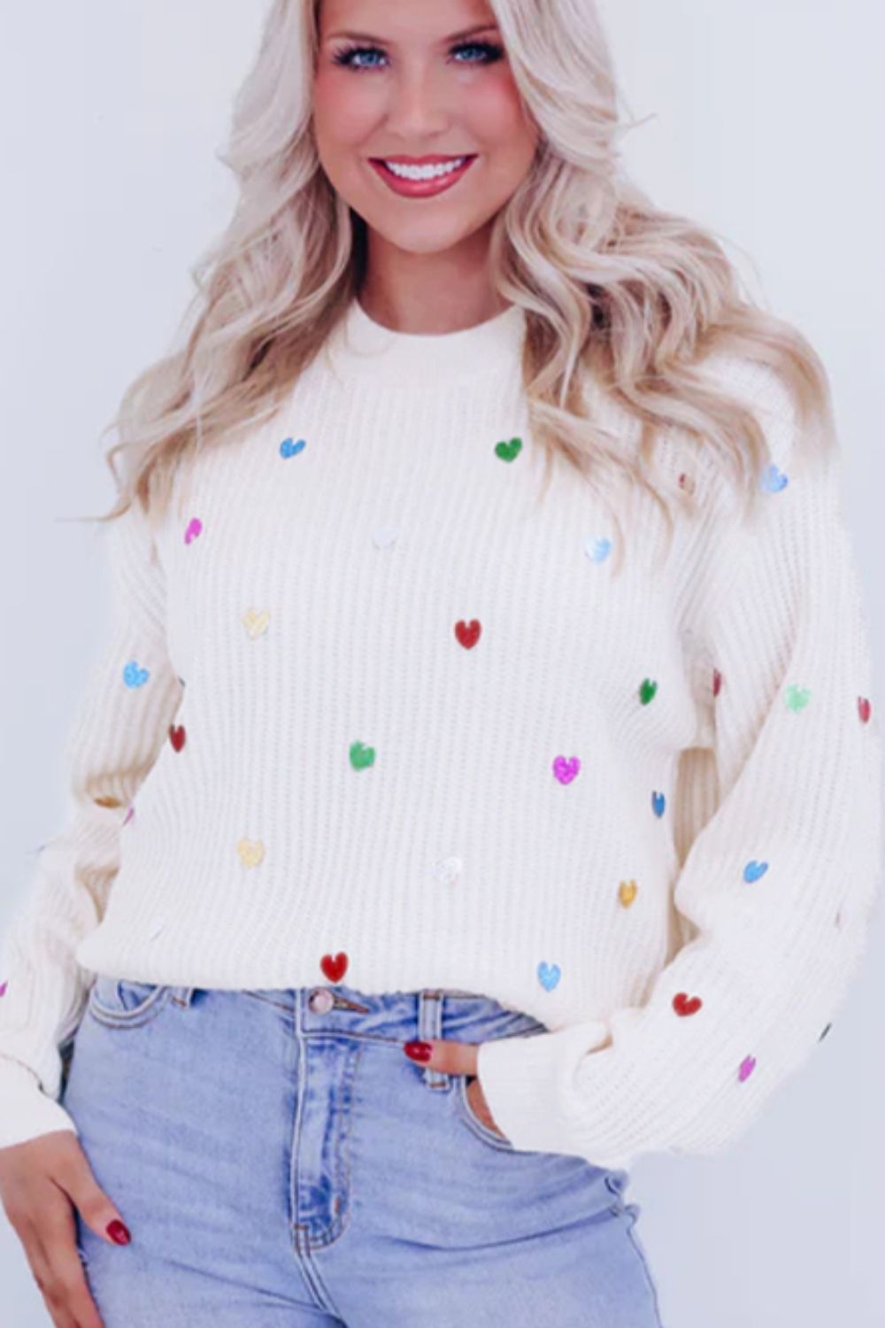 Heart Sequin Round Neck Long Sleeve Sweater