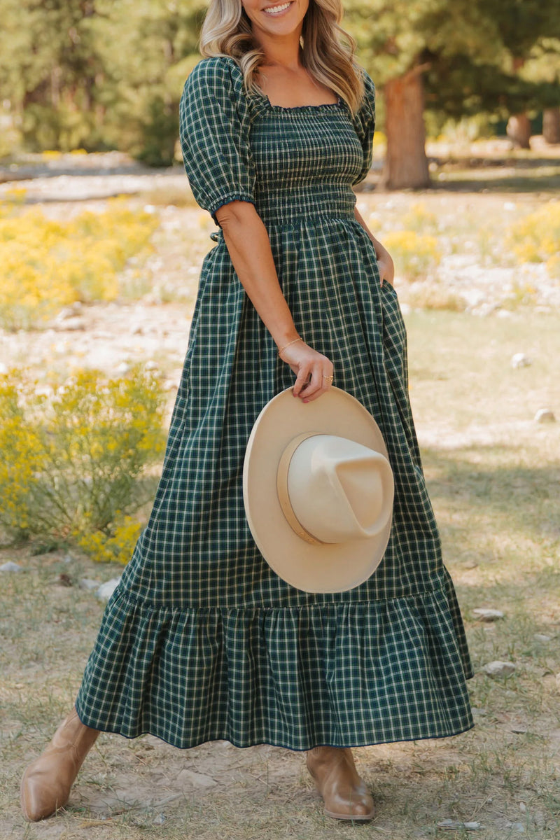 Plaid Square Neck Shirred High Waist Ruffle Hem Dress