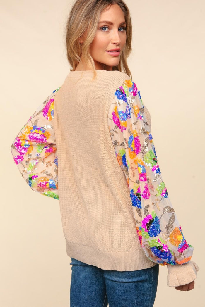 Hazel Blues® |  Haptics Floral Sequins Mesh Flounce Sleeve Sweater