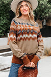 Hazel Blues® |  Khaki Aztec Print Colorblock Crew Neck Sweater