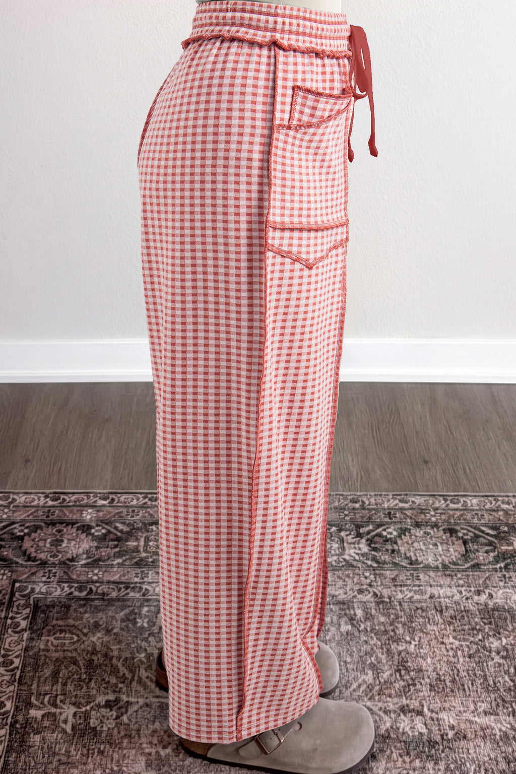 Clara Sage Red Plaid Contrast Trim Drawstring Elastic Waist Shift Pants