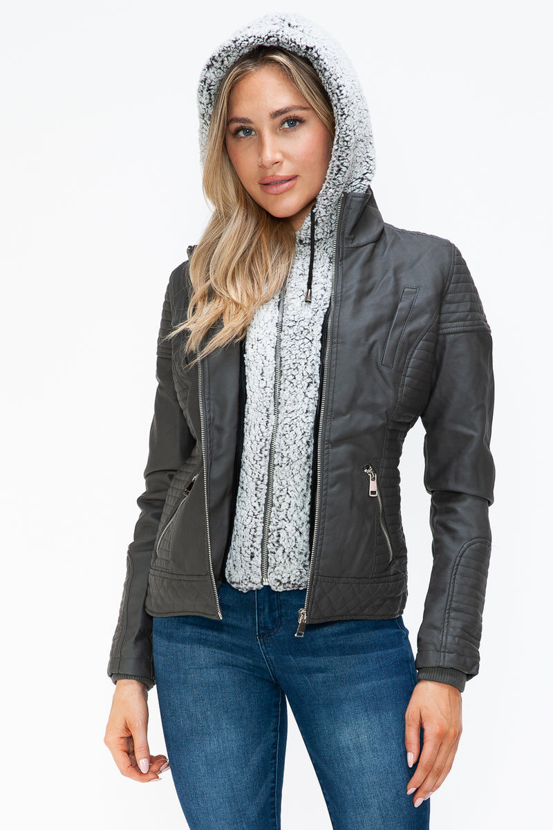 Hazel Blues® |  YMI Faux Layered Double-Zipper Jacket with Fuzzy Hood